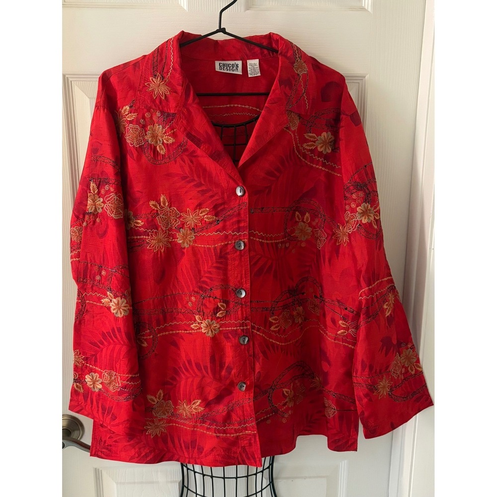 Chico's Design Women's Size 3 (XL) Red 100% Silk Embroidered Art Jacket